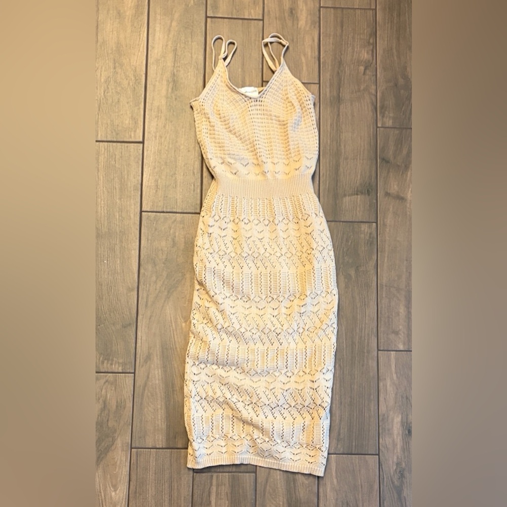 Elegant Beige Knit/Crochet Midi Dress